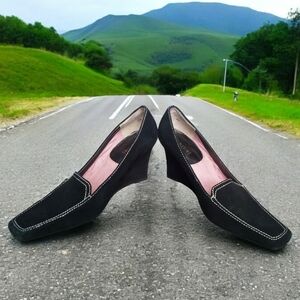 Ann Marino Wedge Heels Womens Black Suede 8M Square Toe Business Casual Shoes